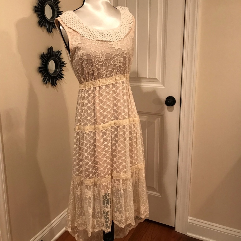 Lace Midi Dress in Cream - Sleeveless Crochet Detail